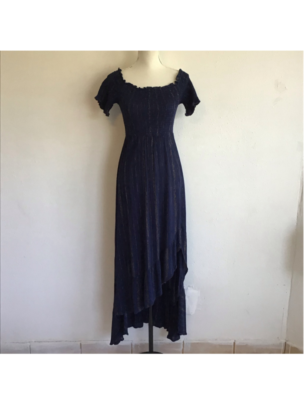 Mi Ami Women's Elegant High Low Maxi Dress Navy Gold Size M